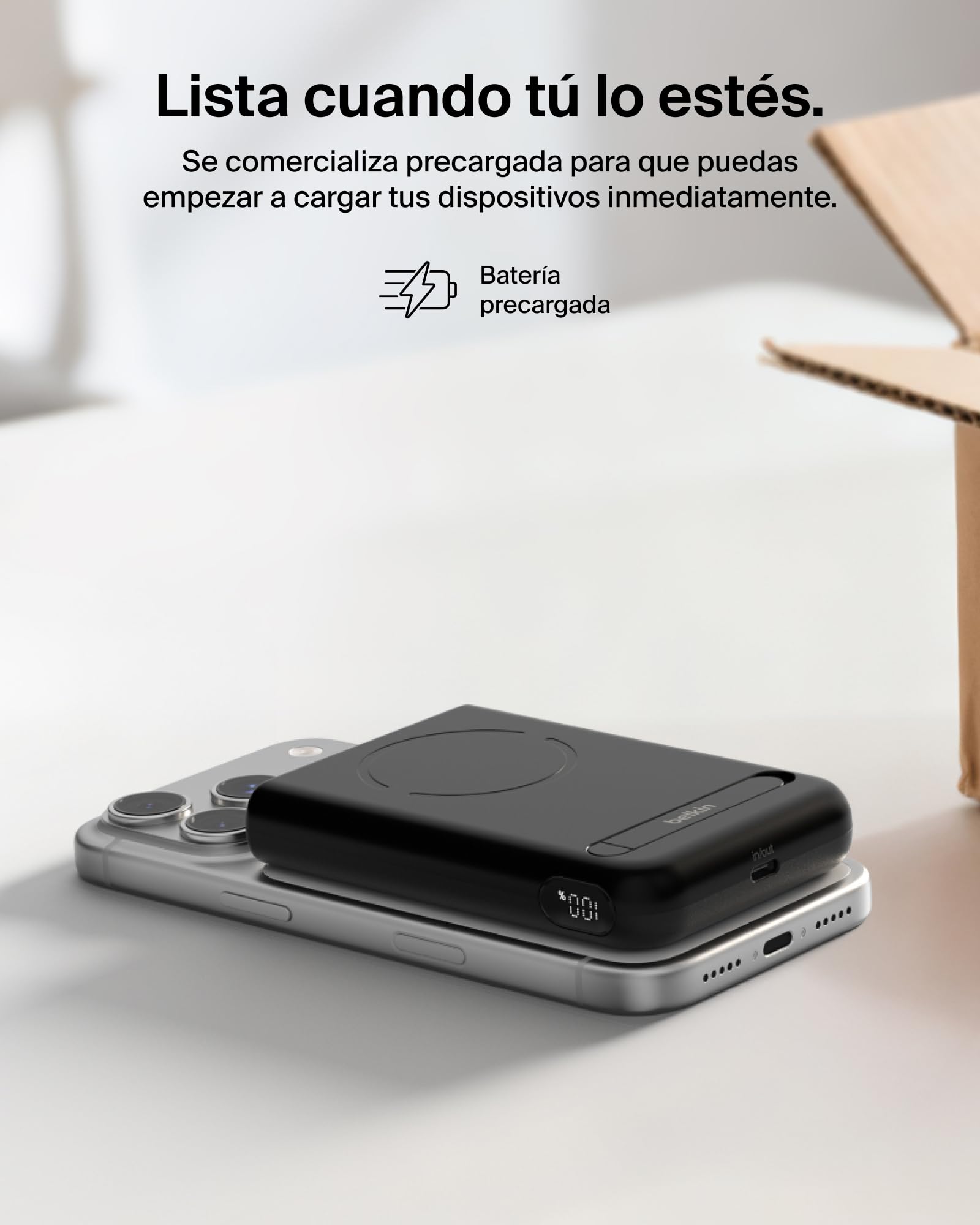 Belkin BoostCharge Batería Externa Magnética 10000 mAh con Soporte - Negro | Power Bank de 10000 mAh, Anillo Magnético, 1 Puerto USB-C, Cable Incluido, Apta como Equipaje de Mano, Batería Portátil