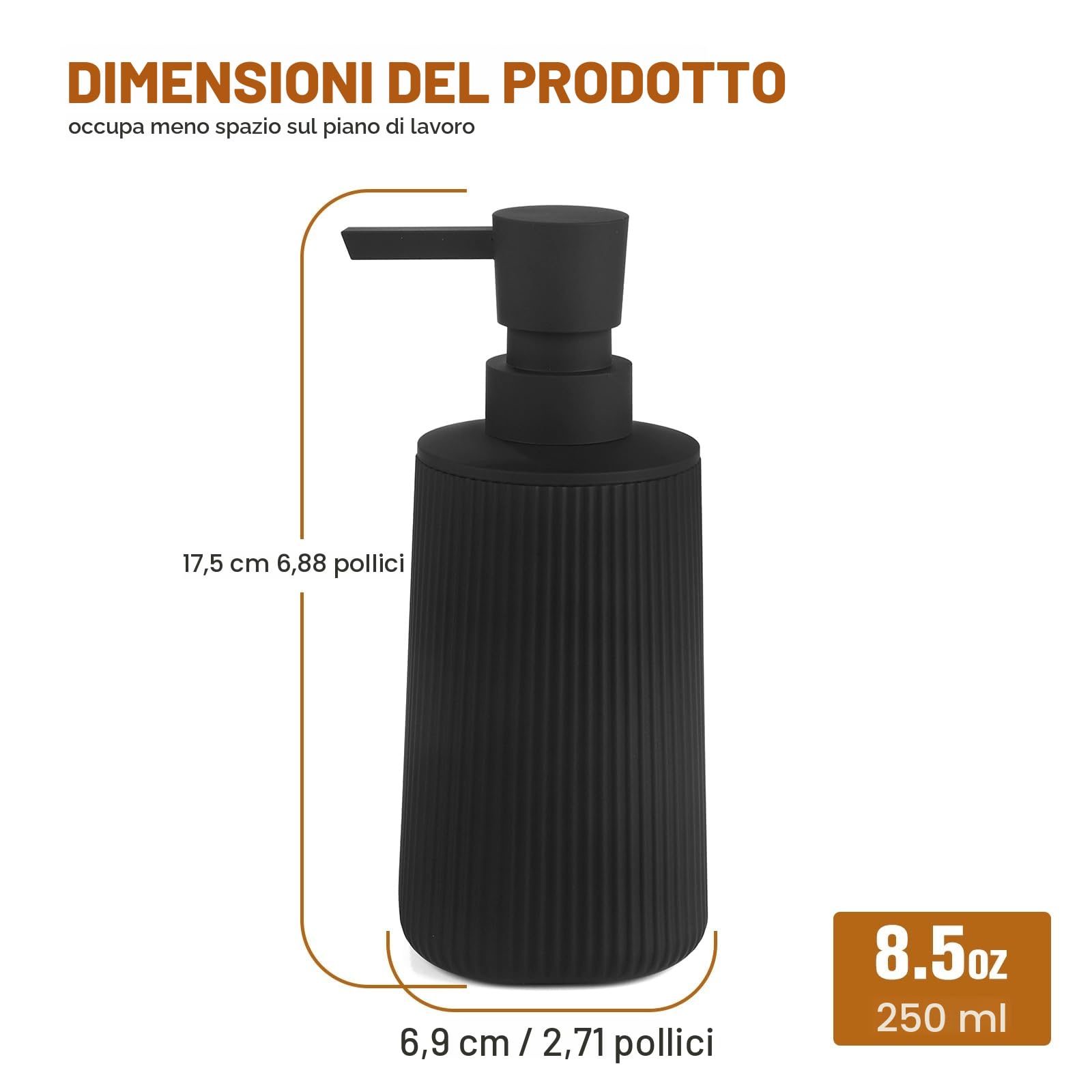 Dispenser Sapone Bagno Nero, Moderno a Righe Dosatore Sapone Cucina Detersivo Piatti, 8.5 OZ Dispenser Sapone Mani Ricaricabile (Nero, Liquido)