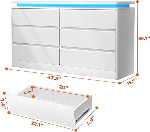 Miniatura 2 de Cómoda blanca de 6 cajones para dormitorio, cómoda larga de 47.2 pulgadas con estación de carga y luces LED, gabinete de almacenamiento doble de