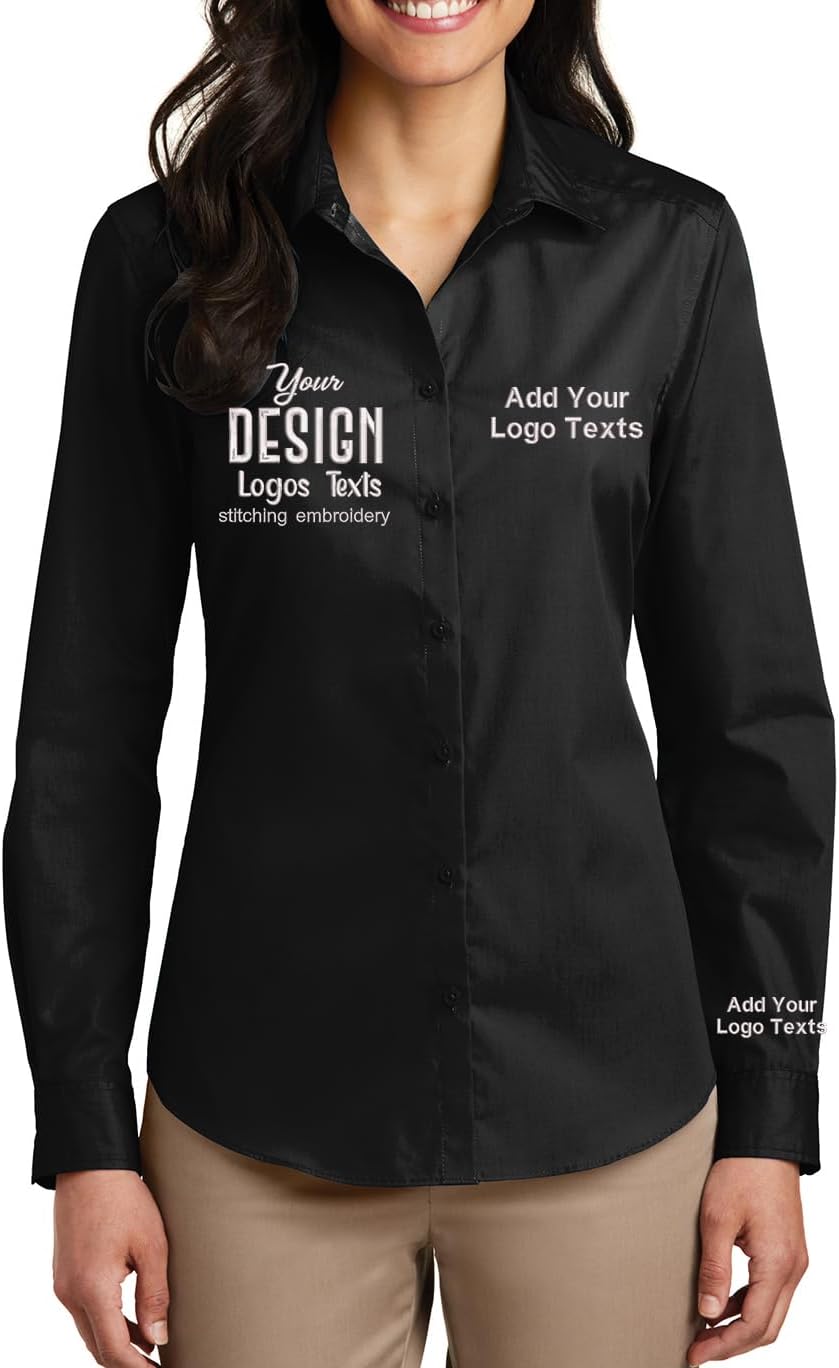 INK STITCH Women LW100 Custom Personalized Embroidery Add Logo Texts Easy Care Long Sleeve Dress Buttondown Shirts