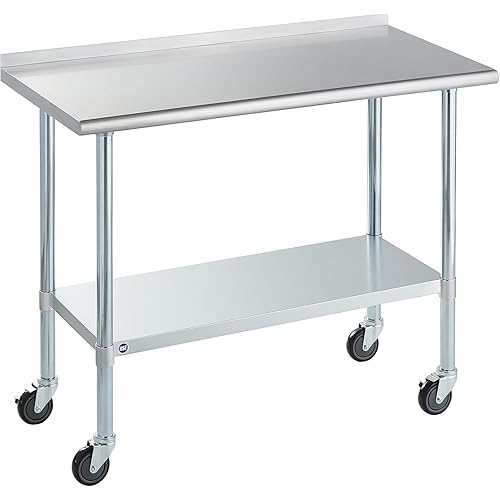 Stainless Steel Table for Prep & Work with Caster & Backsplash 24x48 Inches, NSF Metal Commercial Kitchen Heavy Duty Table with Adjustable Under Shelf and Table Foot for Restaurant, Home and Hotel