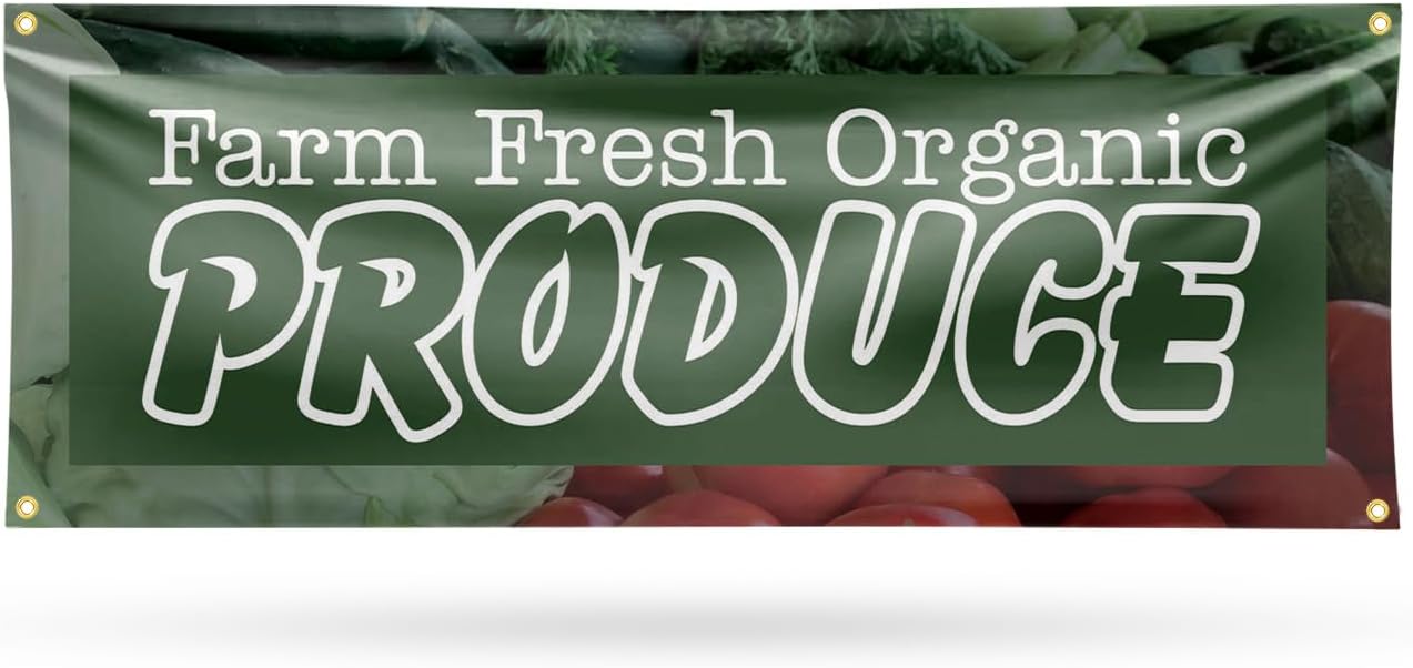 Farm Fresh Organic Produce Banner Sign 18 Inch x 48 Inch | 13 oz Vinyl with Metal Grommets | Heavy-Duty Single-Sided Outdoor Durable Printed High-Quality Weatherproof | Made in the USA