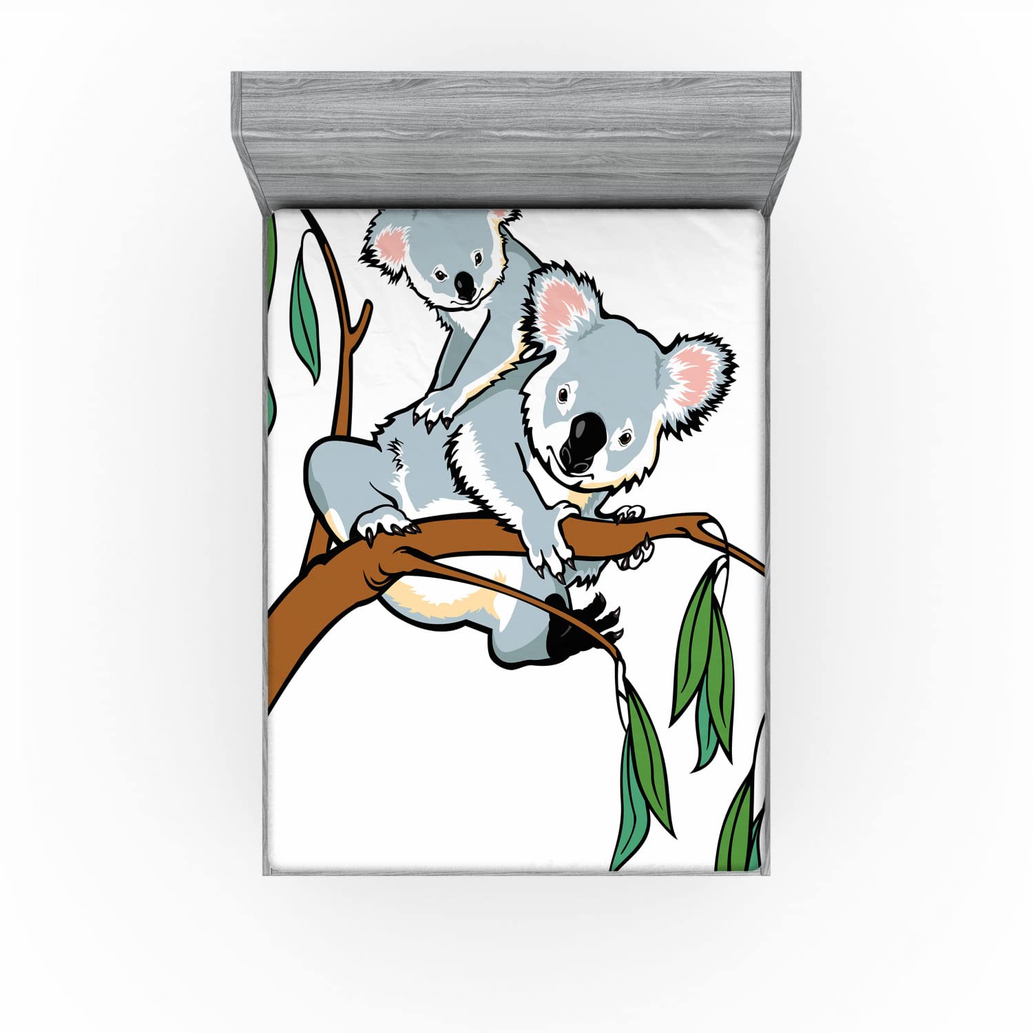 Ambesonne Animal 2 Pack Fitted Sheet, Koala Eucalyptus, Bed Cover All-Round Elastic Deep Pockets 2 Pieces, Package Contains 2 California King Fitted Sheets, Brown Grey