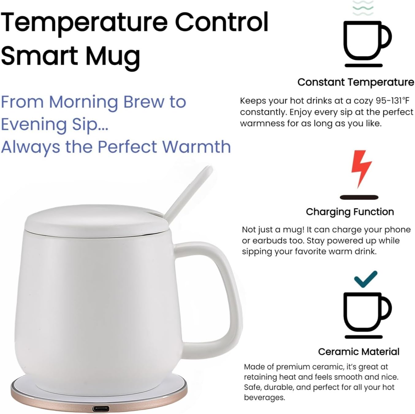 Coffee Warmer Mug Temperature Control Mug 2nd Generation, 13 Oz Smart Mug, Self-Warming Coffee Mug Precise 2025 Upgraded Self Heating Coffee Mug Warmer for Every Occasion（White）