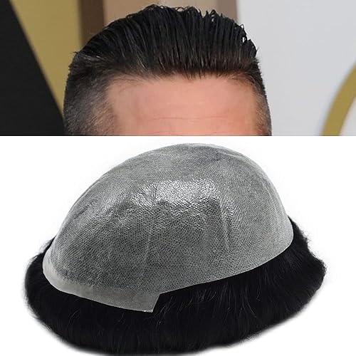 Miniatura 1 de Toupee - Pieza de cabello humano real europeo para hombre, con bucle en V, 0.002 in, sistema de reemplazo de cabello de piel fina, línea capilar