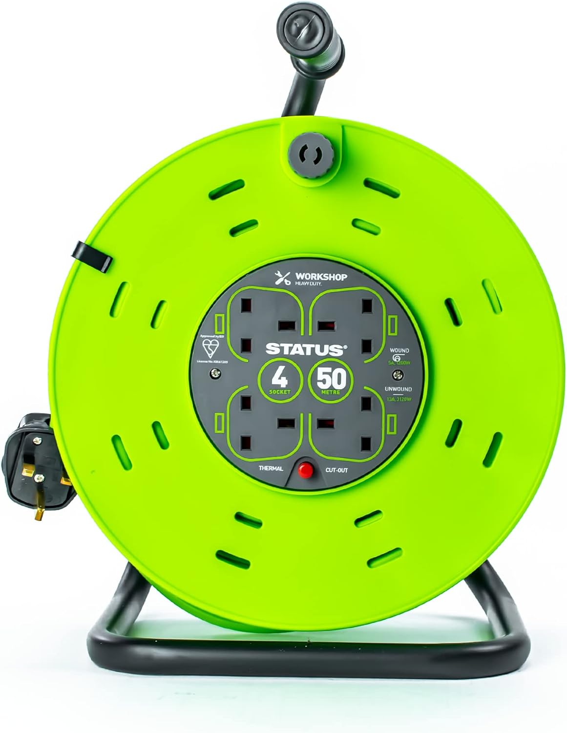 STATUS 4 Socket Cable Reel 50m Green Extension Lead 13A with Thermal Cut Out Heavy Duty