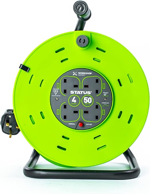 STATUS 4 Socket Cable Reel 50m Green Extension Lead 13A with