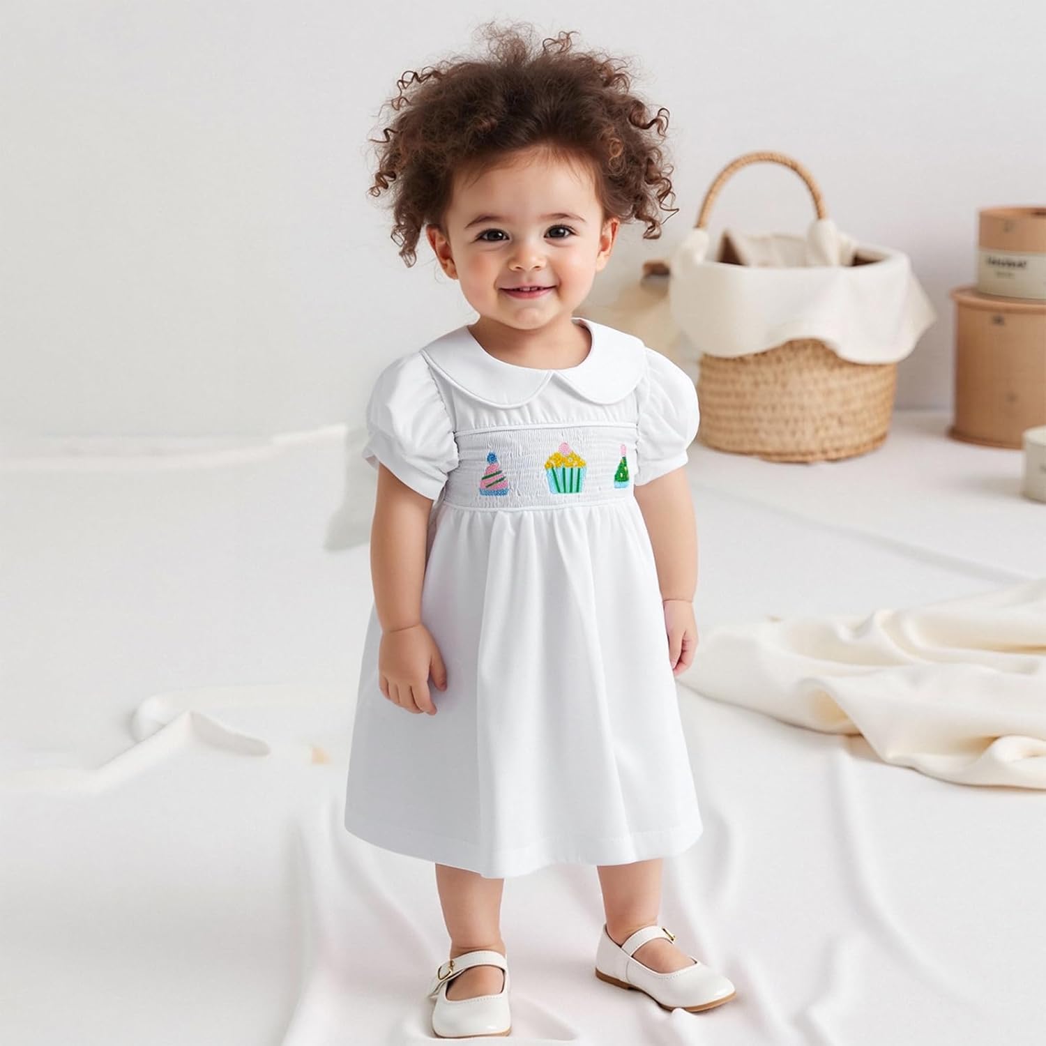 Toddler Baby Girl Dresses Birthday Outfit Cake Embroidery Puff Sleeve Smocked A-Line Princess Party Dress - Image 6