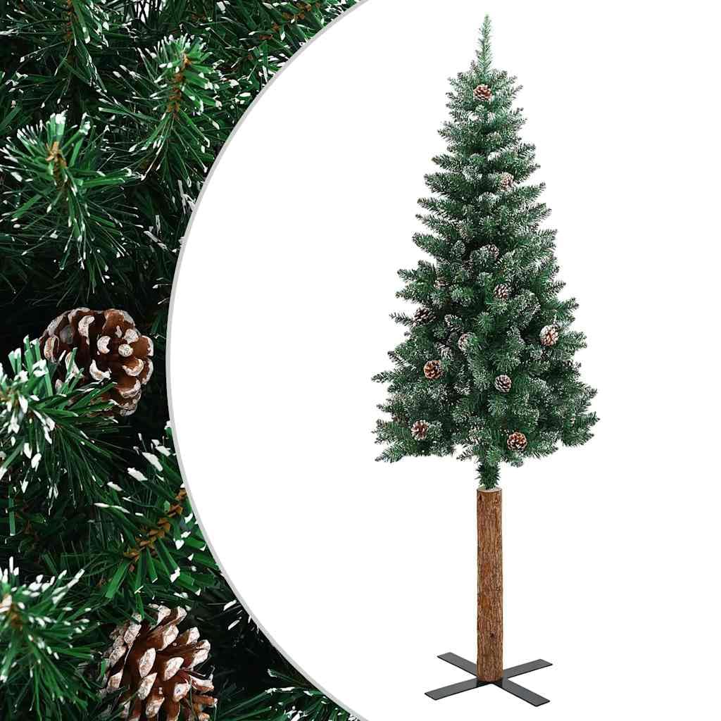 Smukła choinka ze stojakiem z prawdziwego drewna, śnieg i 291 gałązkami, 150 cm, zielone PCW, do świątecznych dekoracji wewnątrz i na zewnątrz, jako dekoracja zimowa