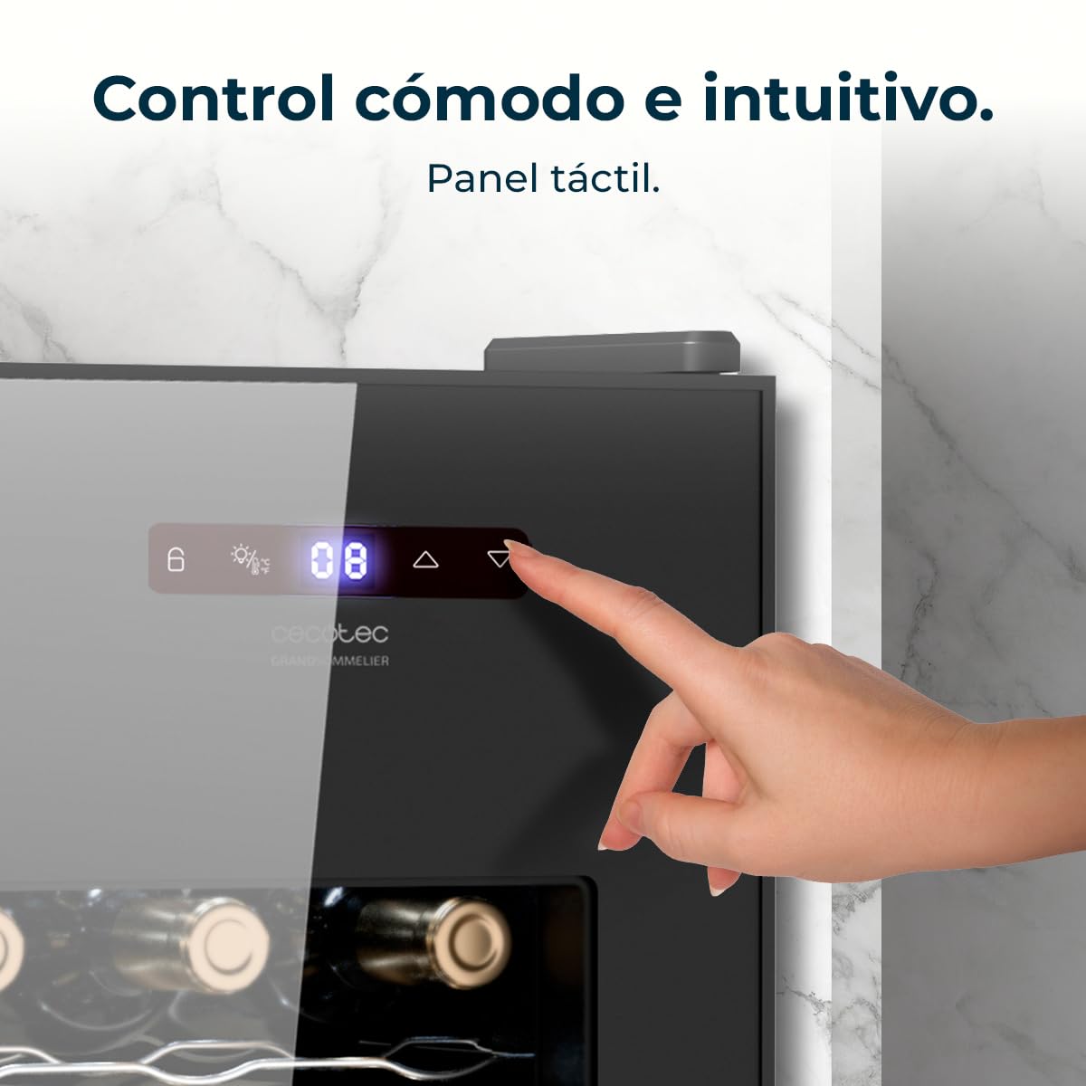 Cecotec Vinoteca Bolero GrandSommelier 1550 CoolCrystal. Bodega para 15 botellas, temperatura ajustable de 5-18ºC, enfriamiento termoeléctrico, silenciosa con 35 dB, panel táctil y LED eco-friendly.