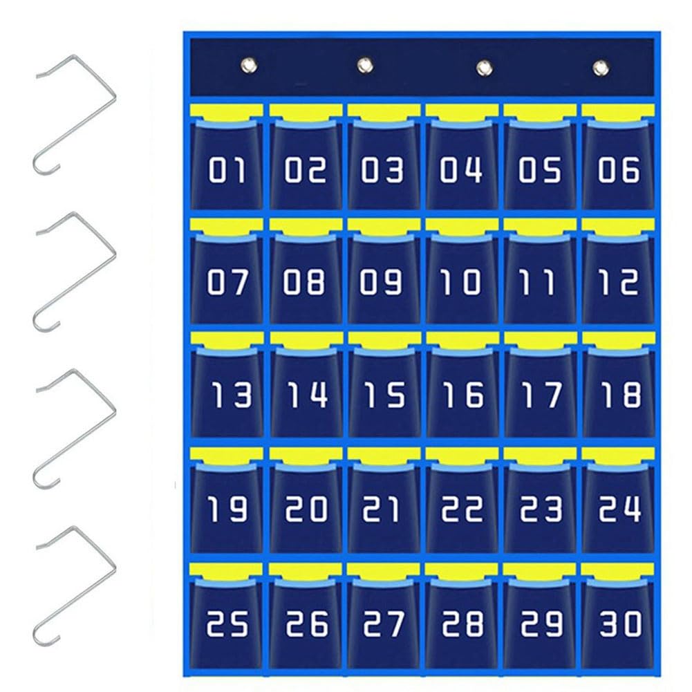 CTRLZS Blue Numbered Pocket Chart Phone Hanging Storage Bag for Classroom Mobile Phone Holders (30 Pockets)