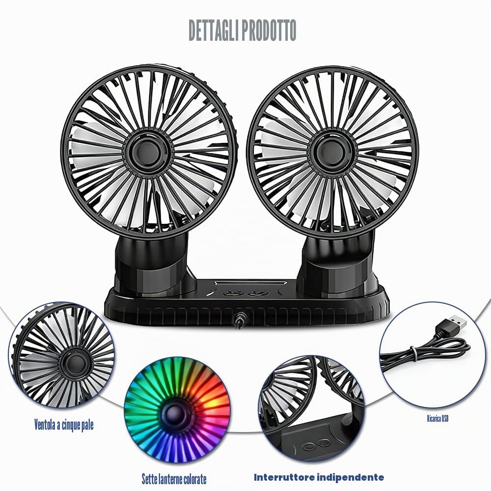 Ventilatore Auto Doppia Testa,5V USB Portatile Ventilatore Da Auto con 3 Velocità Regolabili, 360° Girevole Ventole Di Raffreddamento Da Auto con Luci Colorate per SUV VAN Ufficio Casa