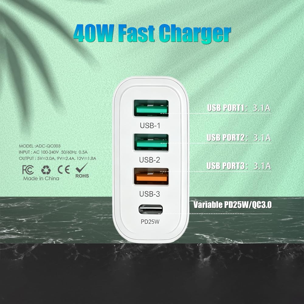 EU travel adapter charger, fast charging 1 USB C and 3 USB A European plugs, European wall adapter with 3 USBA port and 1 Type C ports, Compatible with fast charging of iPhone/Samsung and others — view 4