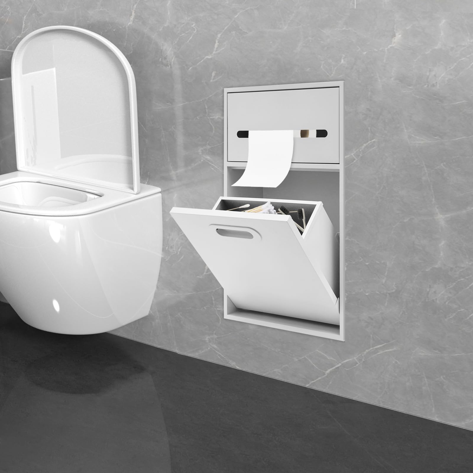 Stainless Steel Shower Niche, Built-in Trash Can Alcove, Toilet Paper Toiletries Storage Rack, 12 x 20 inch Recessed Storage Cabinet for Bathroom, Living Room, Kitchen (White)