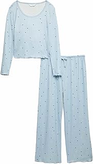 Damen Bedrucktes Pointelle-Pyjama-Set – Regular Fit – Elastische Taille – Mit Stretch