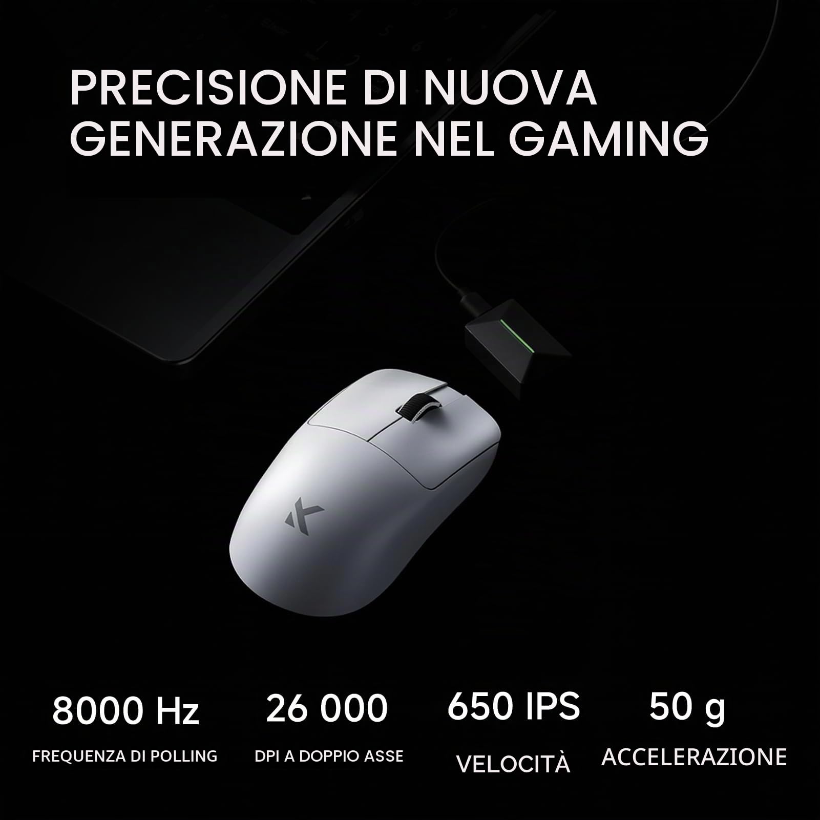 FOXMM x MCHOSE L7 Pro Mouse Superlight 39 g, Sensore 26.000 DPI, 6 DPI Regolabili, Frequenza di Polling 8K Hz con Ricevitore 8K Ultra-Rapido, Mouse da Gioco Wireless/Wired BT/2.4 G, Batteria 200 ore