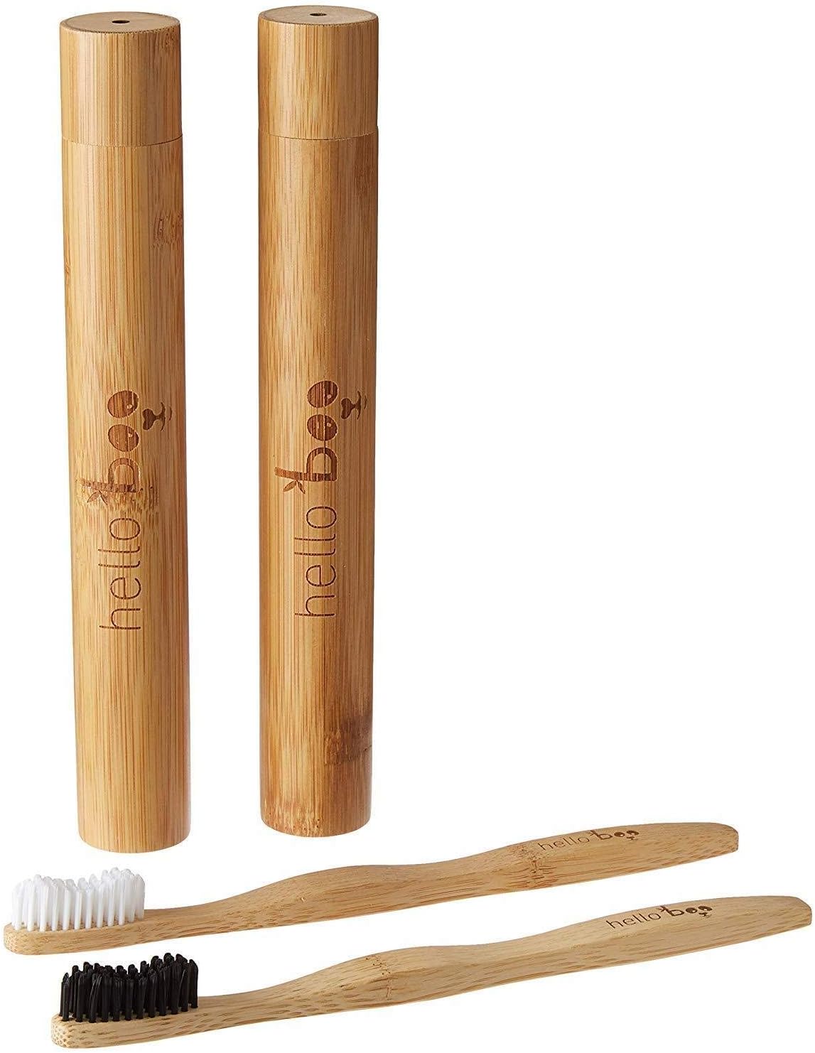 Bamboo Toothbrush Set with Travel Case | Pack of 2 Biodegradable Tooth Brush Set | Organic Eco-Friendly Moso Bamboo with Ergonomic Handles and Medium Nylon Bristles | by Hello Eco Company
