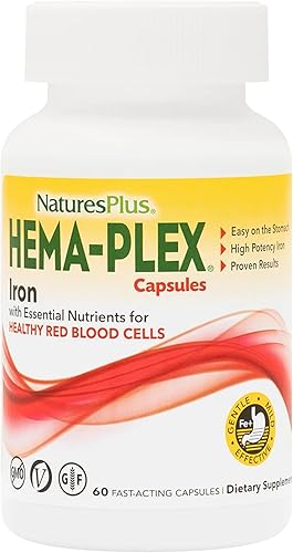 NaturesPlus Hema-Plex Iron - 60 cápsulas de acción rápida - Paquete de 3 - 85 mg de hierro quelado + vitamina C y bioflavonoides para glóbulos rojos