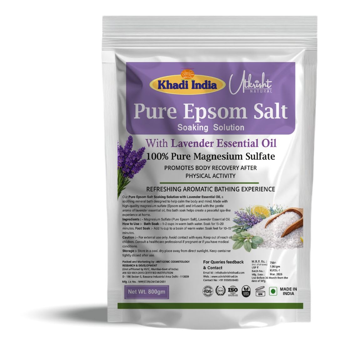 Khadi Utkrisht Epsom Salt Bath Soak with Lavender Essential Oil – Relaxing Aromatherapy Bath Salt for Body Detox & Stress Relief- 800gm
