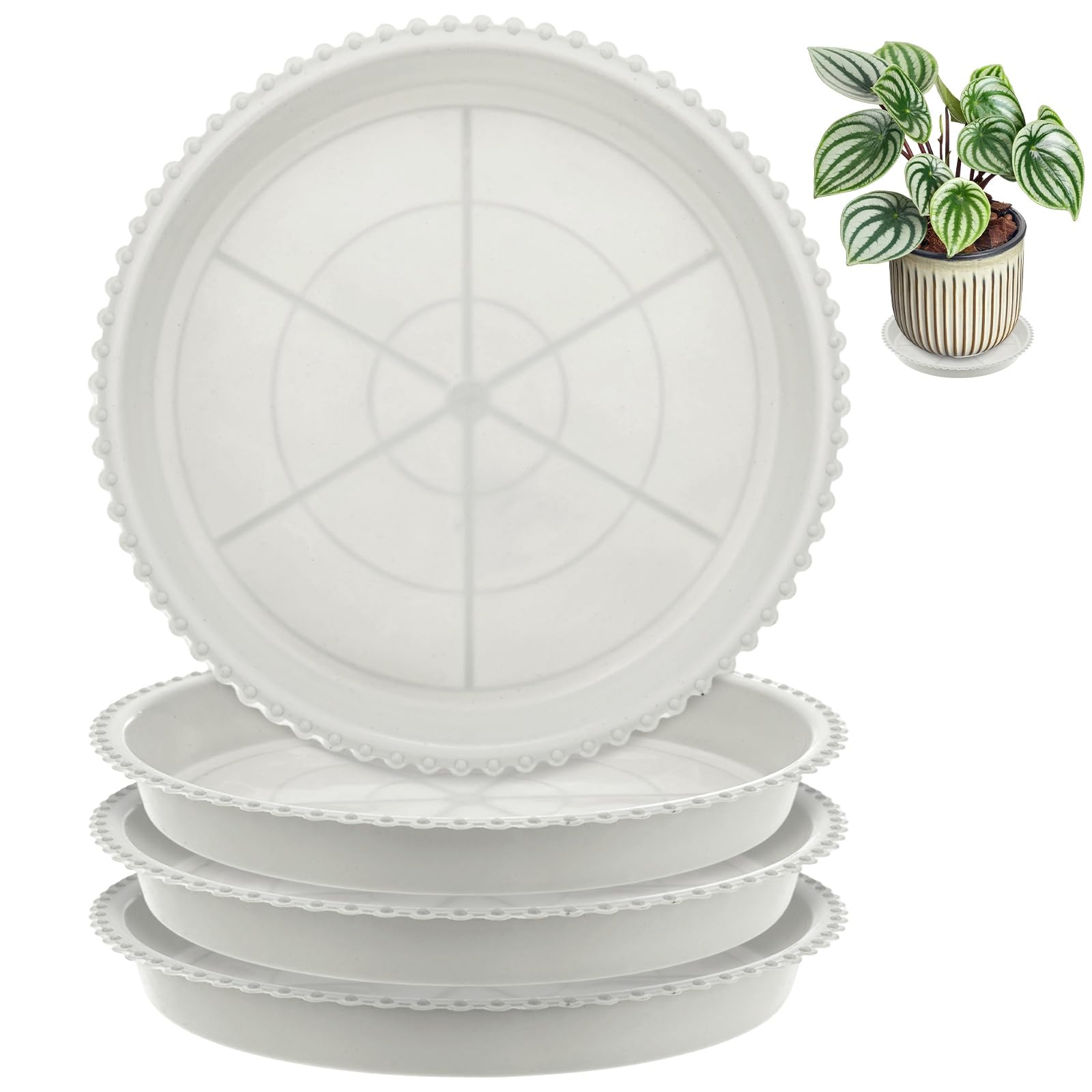 M METERXITY 4-Pack Plastic Plant Saucers, 6.1 Inch ID Round Plant Pot Water Trays for Indoor/Outdoor, Flowerpot Drip Tray [7.2 Inch OD, White] — image 1