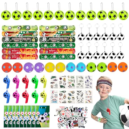 FIHODONE 140 Pièces Football Garçon, Kit Anniversaire Cadeau Jouets, Décoration Foot Tatouage Médaille Porte-Clé Pendentif Réfléchissant