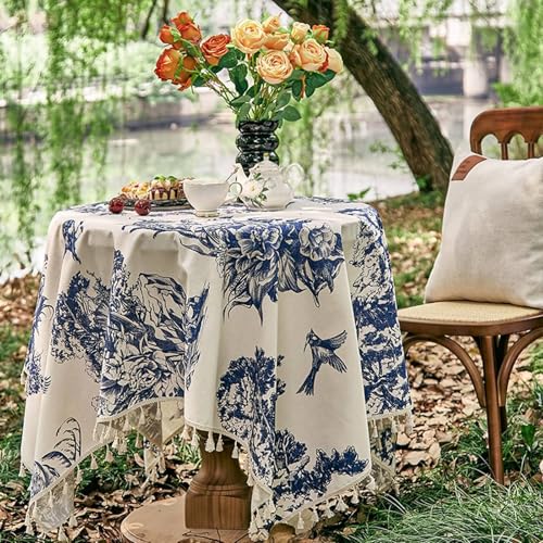 Nappe de table rectangulaire KnSam 150x260 fleurs bleu blanc