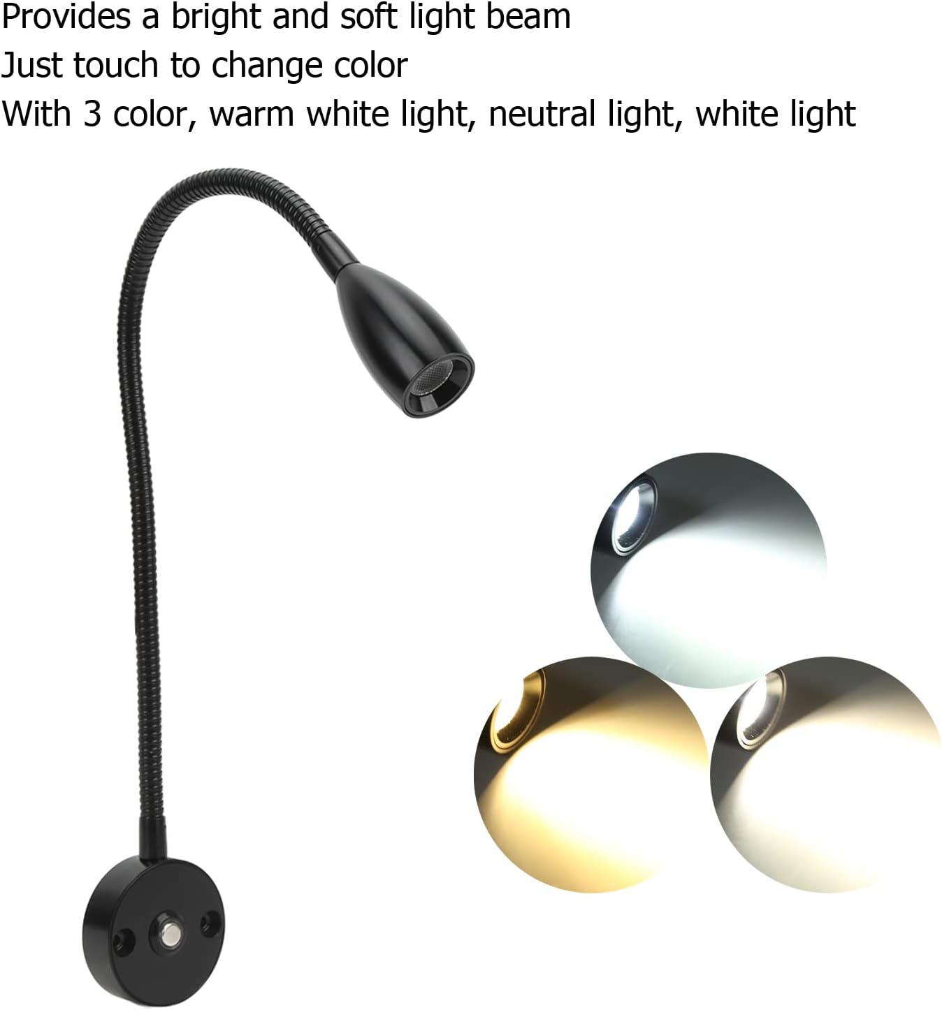 Aramox RV LED Reading Light,12-24V 3W Wall Mount Reading Lamp Flexible Gooseneck Dimmable Bedside Reading Lamp for RV Boat (Black 3 Colors)
