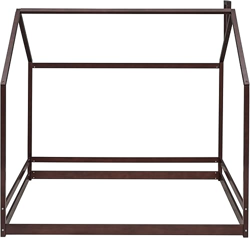 Miniatura 4 de P PURLOVE Marco de cama Montessori de tamaño matrimonial para niños, niñas, niños, marco de cama de suelo Montessori con techo, marco de cama