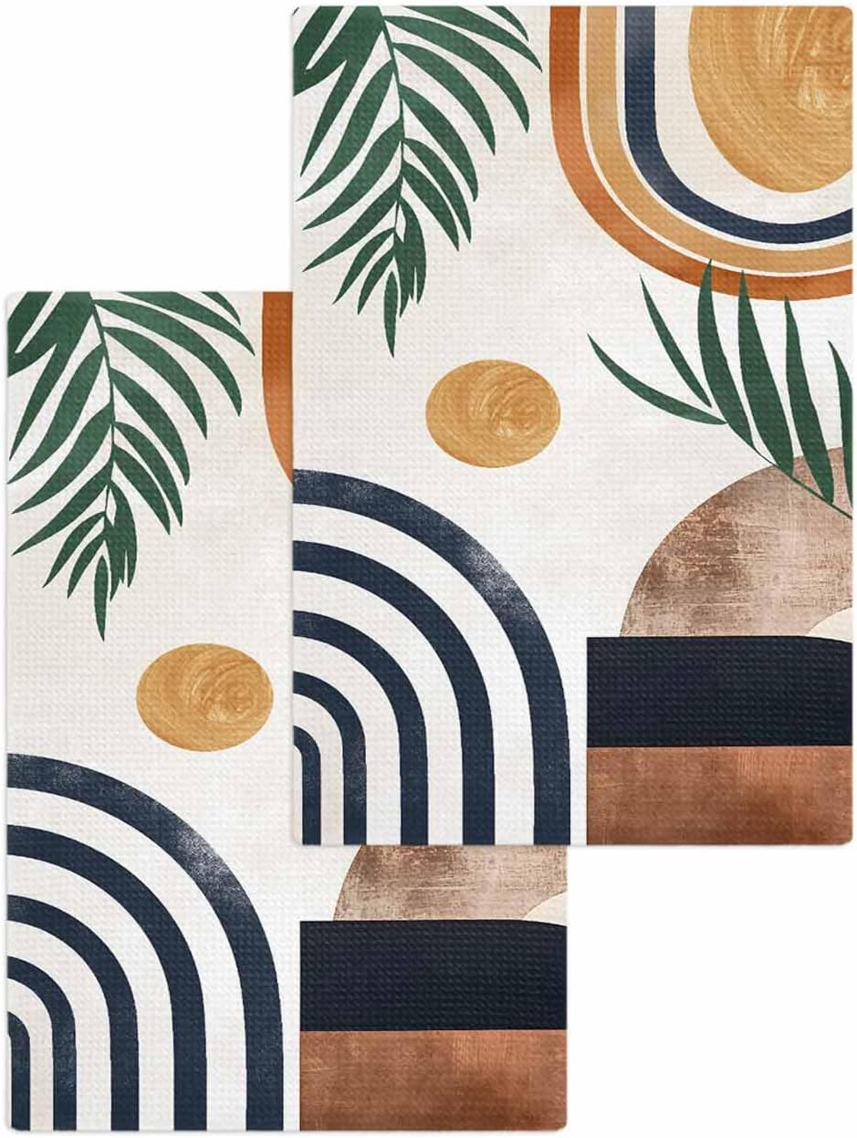 Abstract Boho Hand Towels Set,Waffle Weave Kitchen Towels 2 Pieces,Bohemian Palm Leaf Geometric Leaf Circle Microfiber Hair Face Bath Tea Towel Absorbent Quick Drying Cleaning Dish Cloths,15.7"x23.6"