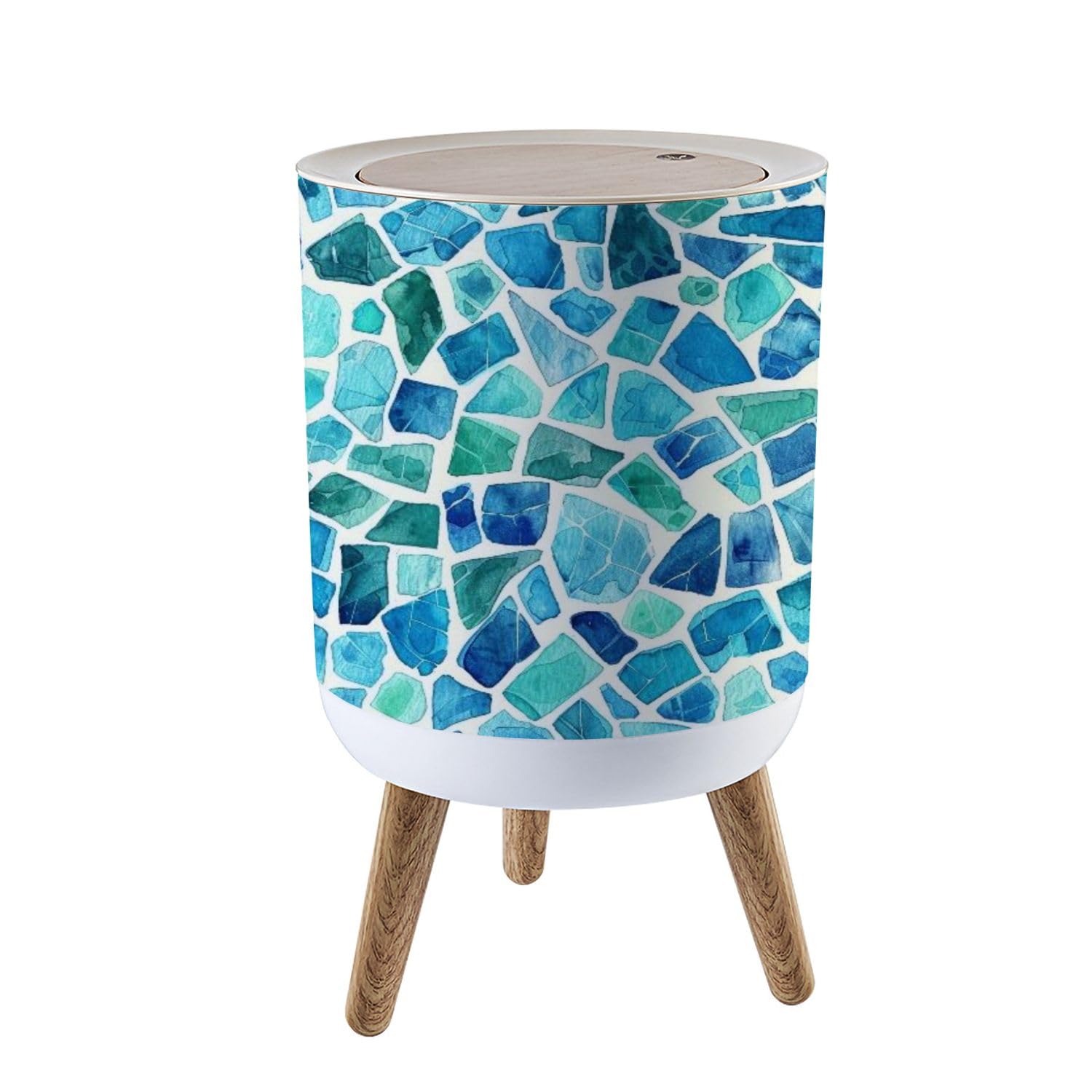 Small Trash Can with Lid for Bathroom Kitchen Office Seamless Mosaic Texture Blue Watercolor Geometric Pattern Stained Garbage Bin Waste Basket Decorative 1.8 gallons, 14x9inch