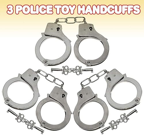 Miniatura 2 de ArtCreativity Paquete de 3 esposas de metal para niños con llaves, accesorios de disfraces, recuerdos de fiesta, puños de juguete de simulación,