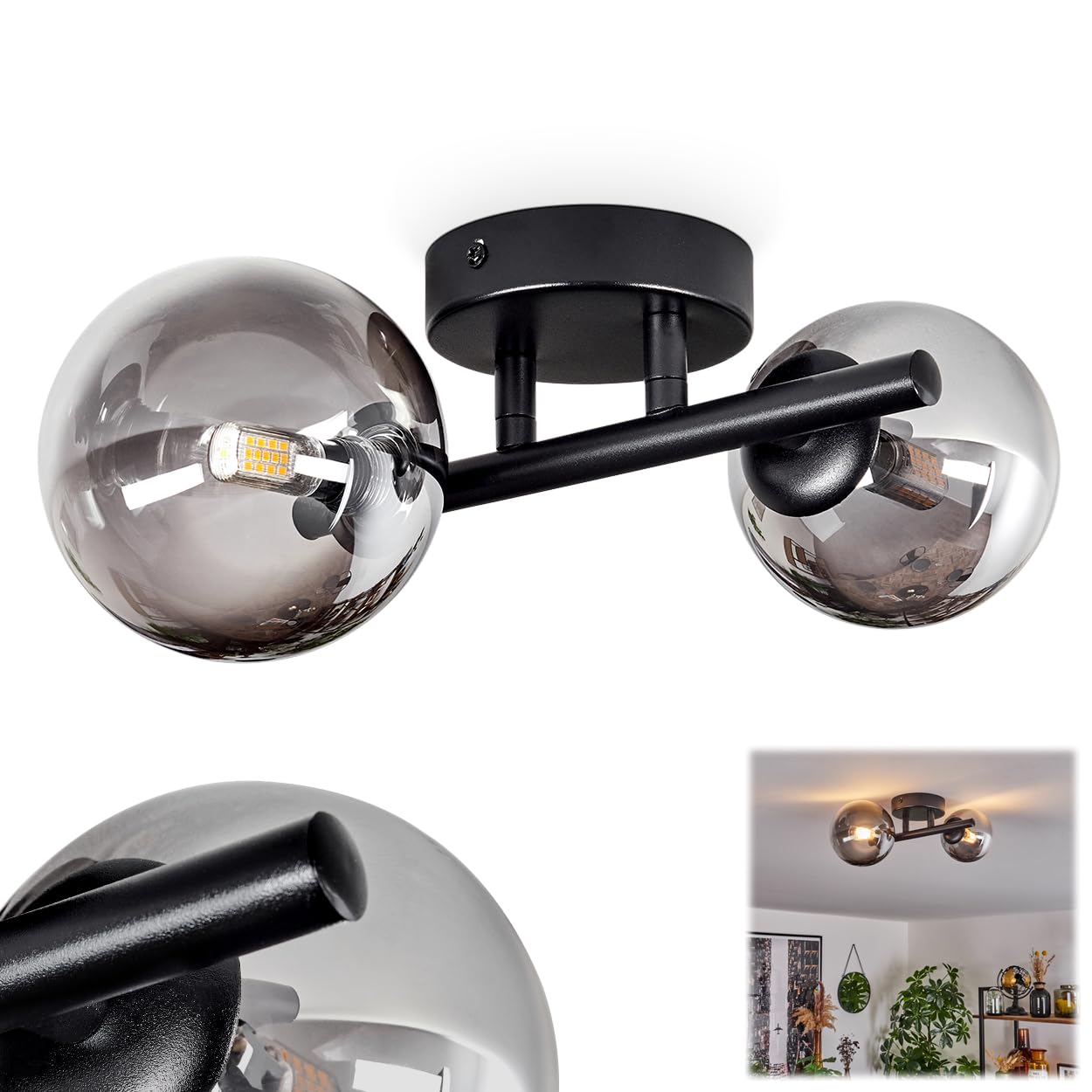 Lampadario Chehalis, lampada da soffitto in metallo/vetro in nero/fumé/chiaro, illuminazione dal design moderno retrò/vintage con paralume in vetro (Ø 10 cm, 12 cm), 2 x G9, senza lampadine