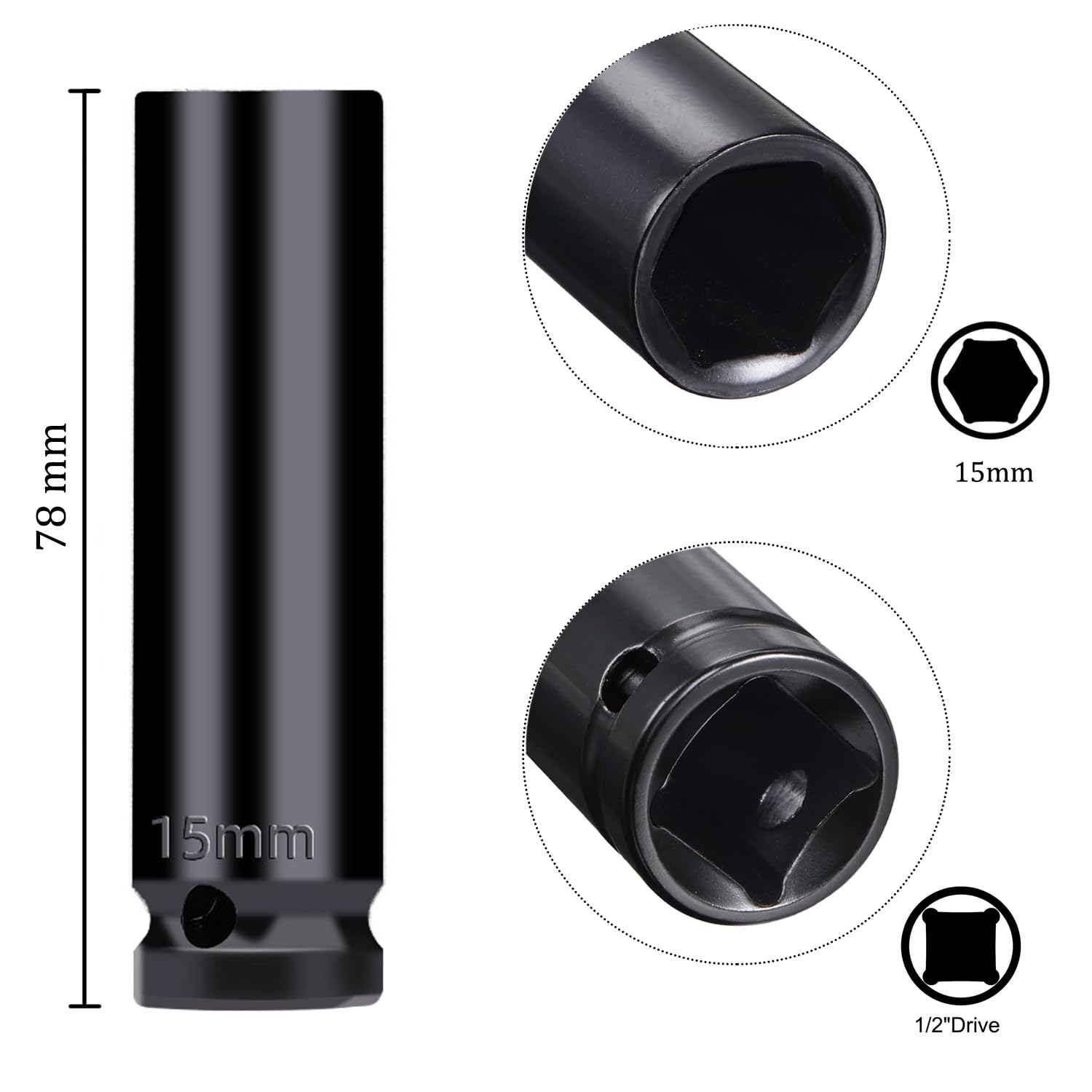 Juttzzei 1/2 Inch Drive 15mm Deep Impact Socket - Heat-Treated CR-V Steel, 78mm Length, 6-Point Metric Sizes for Car & Home Repair - Image 2