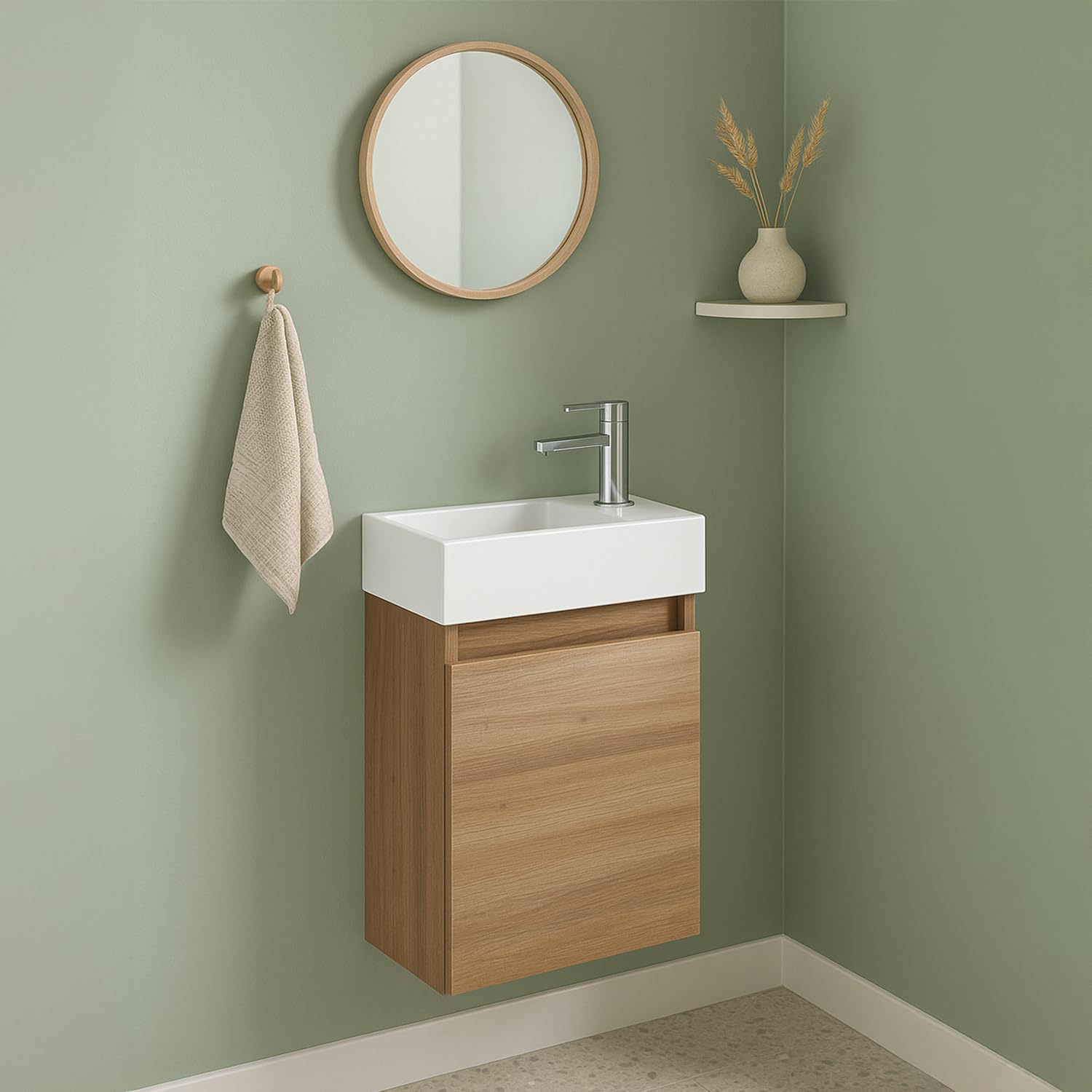 Go Bathrooms Natural Oak Cloakroom Vanity Unit With 1 Tap Hole Basin Wall Hung Soft Close Door Wood Effect Finish Compact Vanity With Sink Universal Handed Ensuite WC Bathroom Unit 390mm | Milan