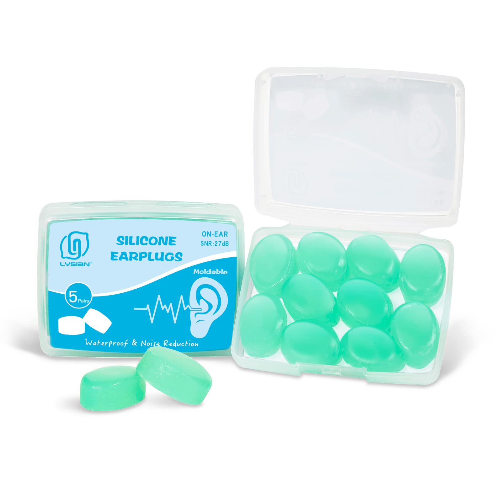 Soft Moldable Silicone Earplugs, 5 Pairs, 27dB SNR Noise Reduction Ear Plugs for Swimming, Sleeping, Reading by Lysian (Green)