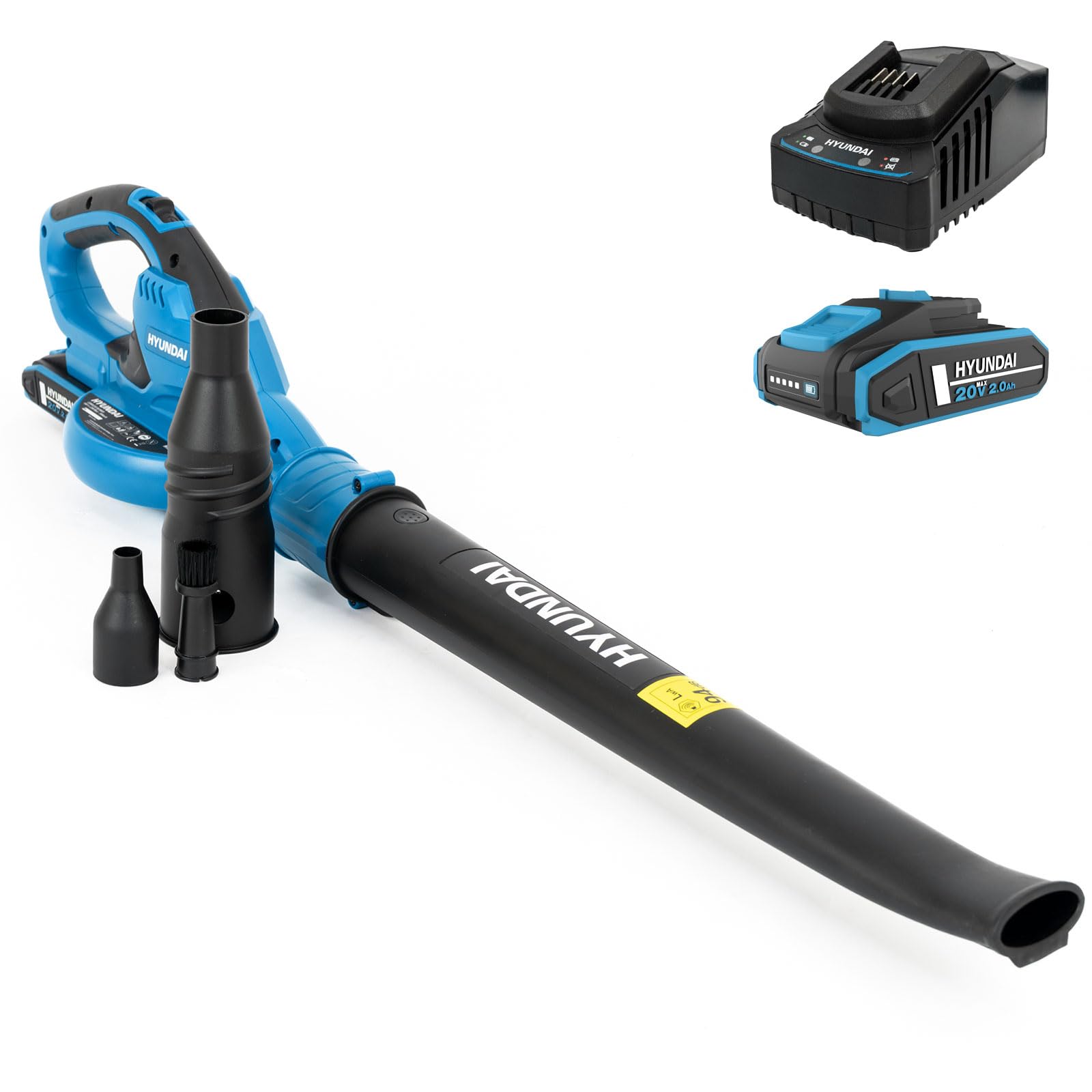 Hyundai 20V Cordless Leaf Blower, 200km/h Air Speed, 2Ah Battery & Charger | Lightweight Garden Blower – Long & Short Tubes, Air Duster & Detail Brush – for Leaves, Patios, Driveways & Car Cleaning