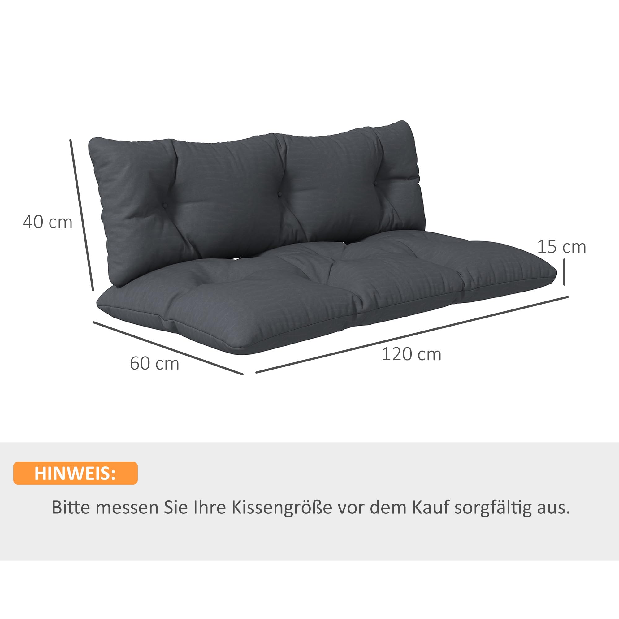 Outsunny Paletowa 2osobowa UV ochrona 120x60x15 cm ciemnoszary | Poduszka na ławkę ogrodową, siedziskowa, wodoodporna, do ławki i siedziska