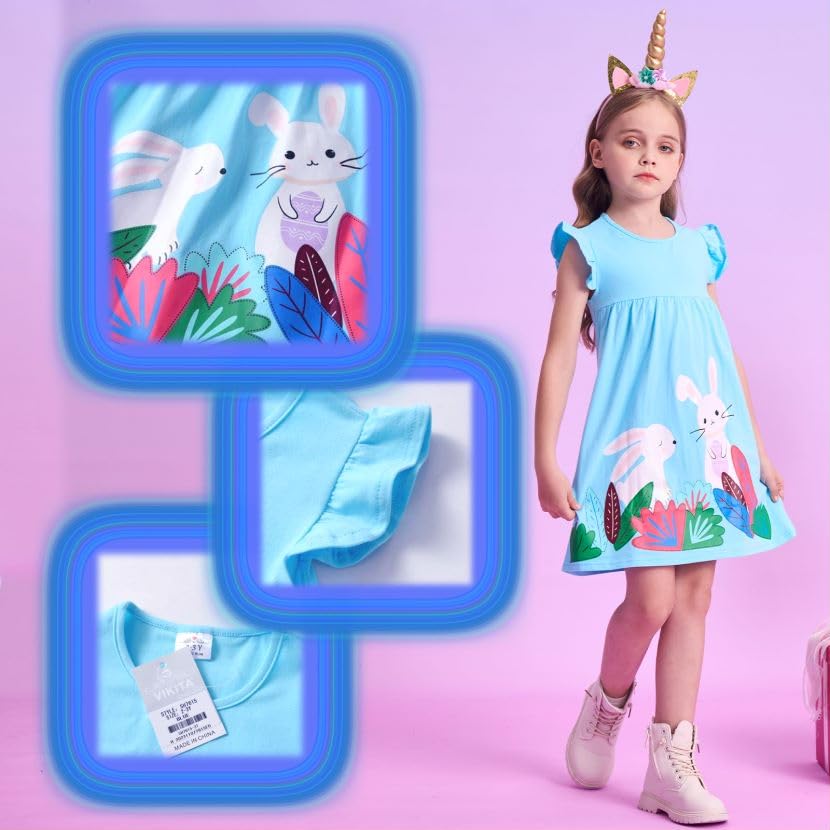 VIKITA Girls Summer Casual Dresses Short Sleeve Blue Easter Clothes Outfits Birthday Gifts for 2-12 Years3