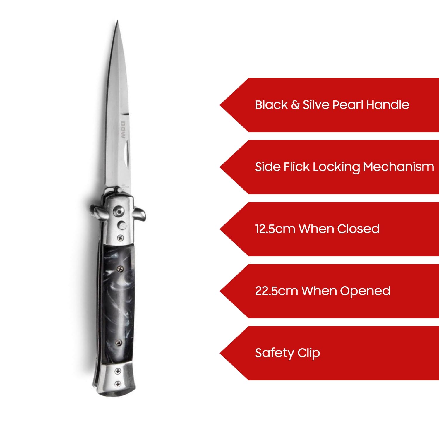 DOW Corcica Black Knife, Large Flick Knife, 420 Stainless Steel