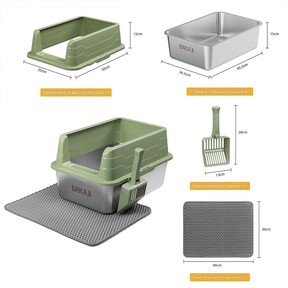 BAKAJI Litière pour Chat XL Ouverte avec Base en Acier avec Sac Anti-Sable, Pelle pour Collecte, Tapis Anti-saleté, Base antidérapante, capacité 25 litres, Couleur Verte, 50 x 35 x 30 cm