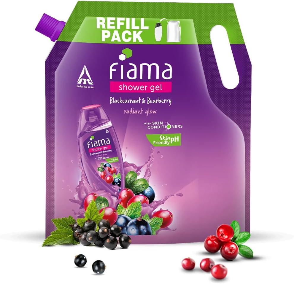 Fiama Body Wash Shower Gel Blackcurrant & Bearberry, 1.3L Bodywash Refill Value Pouch for Women & Men with Skin Conditioners for Radiant Glow, Skin Friendly pH