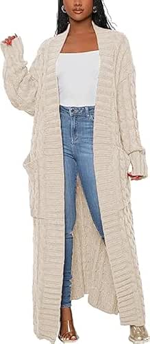 SHINFY Women Long Sleeve Open Front Knit Long Cardigan Casual