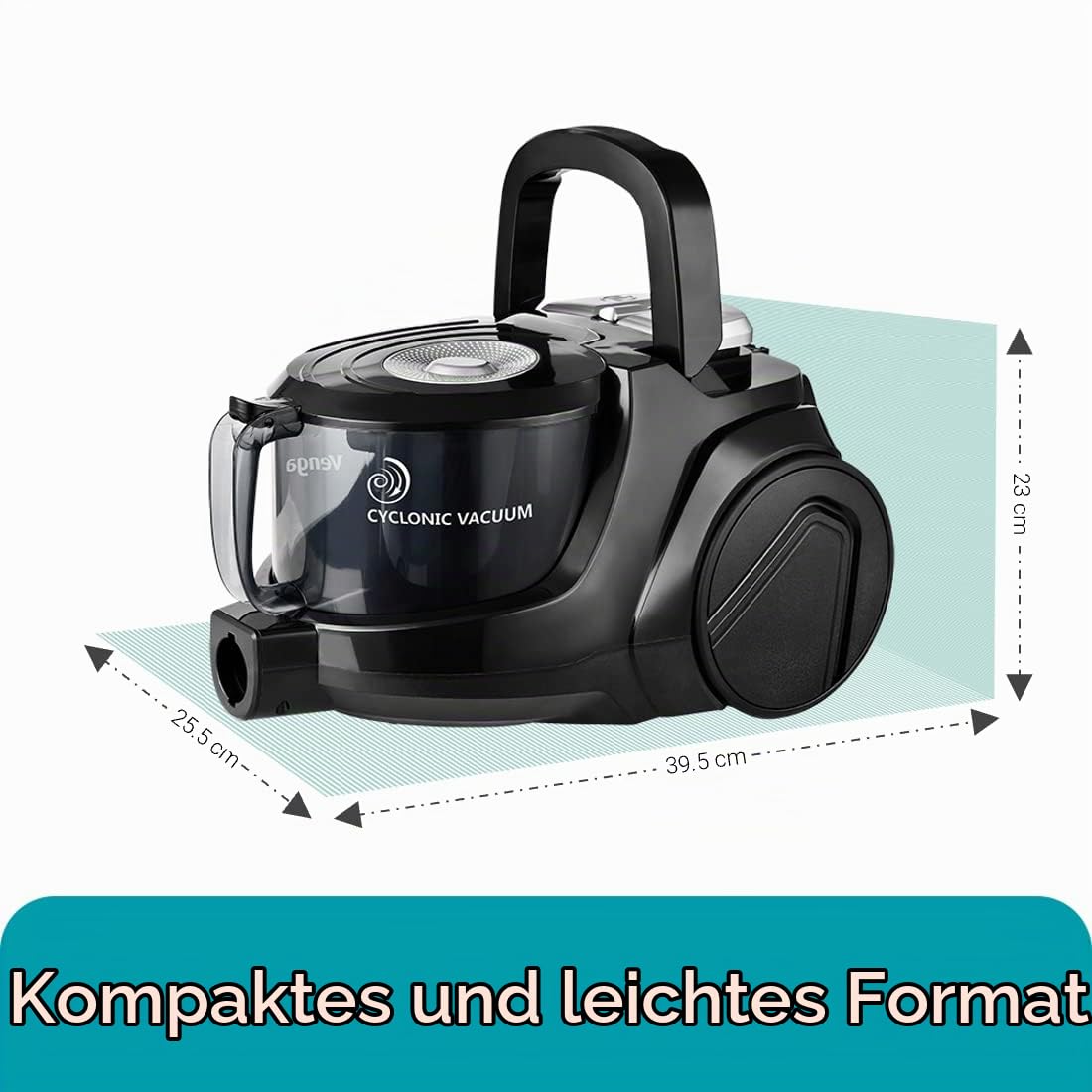 Venga! Kräftiger Zyklon-Sauger, ohne Beutel, mit 5 Zubehörteilen incl. spezieller Bürste für Tierhaare und HEPA LuftFilter, 700 W, Schwarz/Silber, VG VC 3300