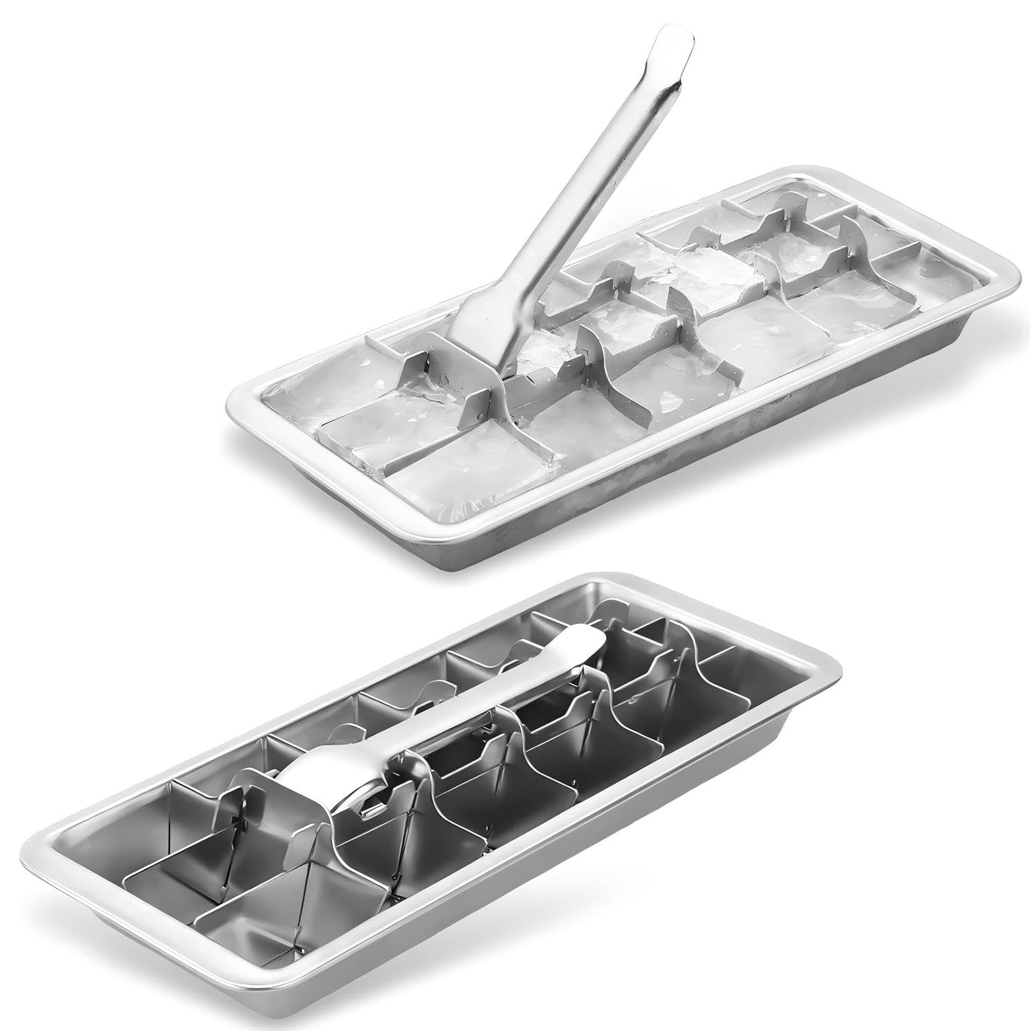 Lot de 2 bacs à glaçons en métal en acier inoxydable, à 18 emplacements avec poignée à dégagement facile, bacs à glaçons amovibles pour bars, cuisines, lave-vaisselle, glaçons en acier
