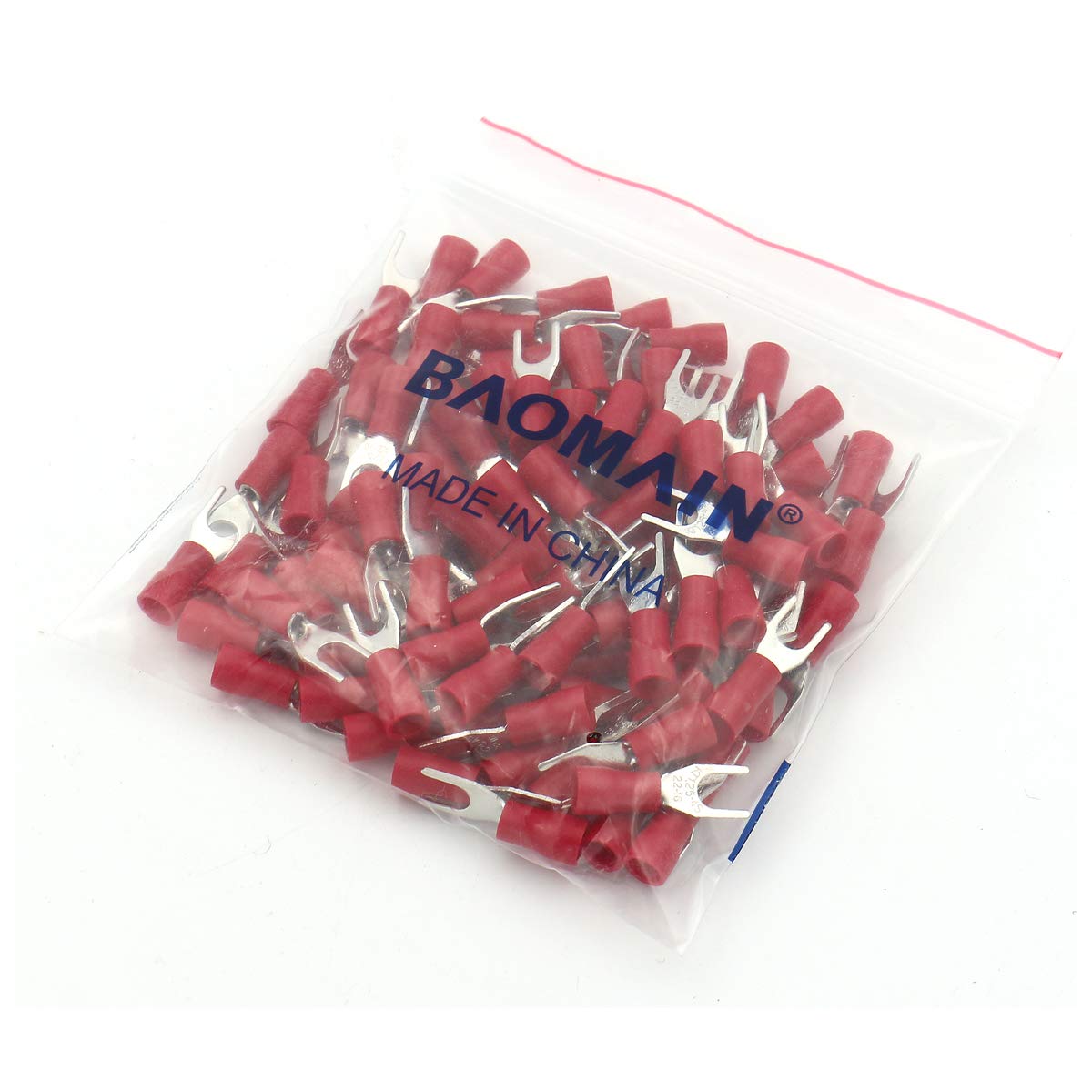 Baomain Red Insulated Fork Spade Wire Connector Electrical Crimp Terminal 16-22AWG #8 USA Screw 100 Pack