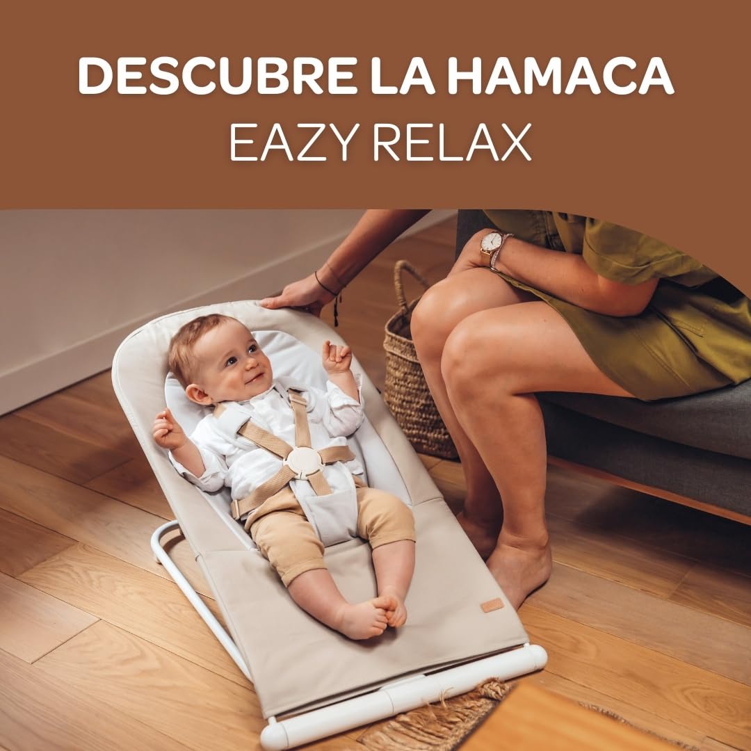 BÉABA, Hamaca Plegable, 3 Reclinables en 1 Botón, Ultra Compacta y Delgada, Arnés de 5 Puntos, Sistema de Plegado Patentado, 100% Algodón, Hasta 15kg, Funda de Transporte Incluida, Eazy Relax - Gris
