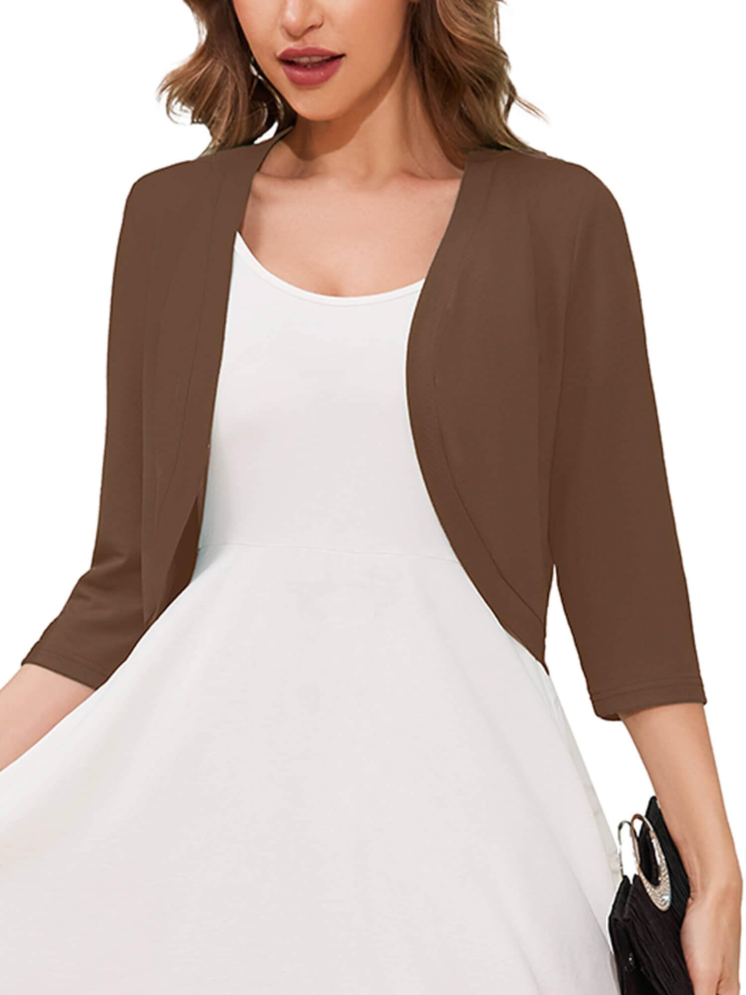 3/4 Sleeve Open Front Lightweight Cropped Bolero Shrug Cardigan | Soft breathable knit, 3/4 sleeve cropped cut, open front layering, versatile cover up for dresses, women's casual fit