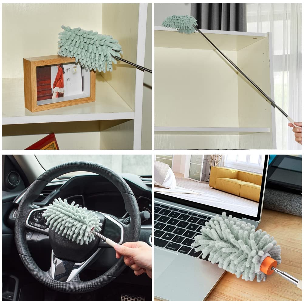 Blueshyhall Plumeau en microfibre long, extensible, pliable, lavable, rond, avec tige d'extension (29-76 cm), pour voiture, bureau, aspirateur, toiles d'araignée, enfants (rose