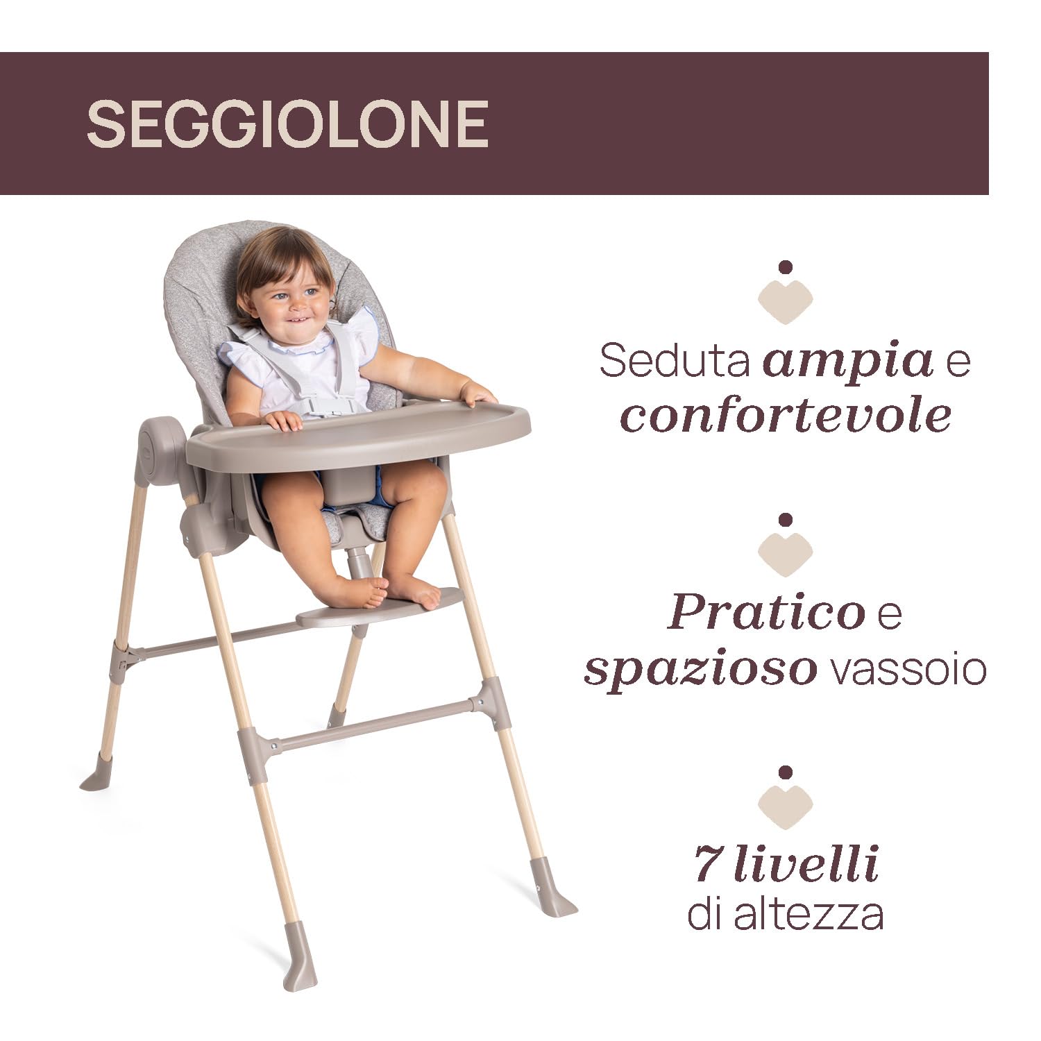 Chicco Polly Essential Seggiolone Pappa Evolutivo per Bambini da 0 Mesi a 15 KG, Reclinabile in 3 posizioni, 7 Livelli di altezza, Chiusura Compatta, Tessuto in poliestere riciclato, Grigio Chiaro