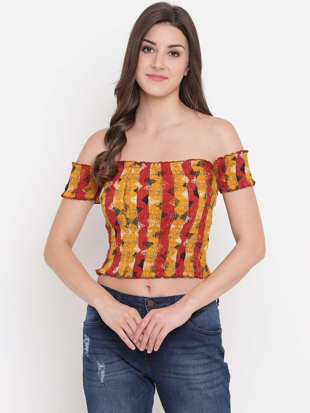 GrabMe Store Women's Rayon Printed Off-Shoulder Smocked Crop Top Short Sleeve Casual Styles Tank Top (Free Size) Multi39
